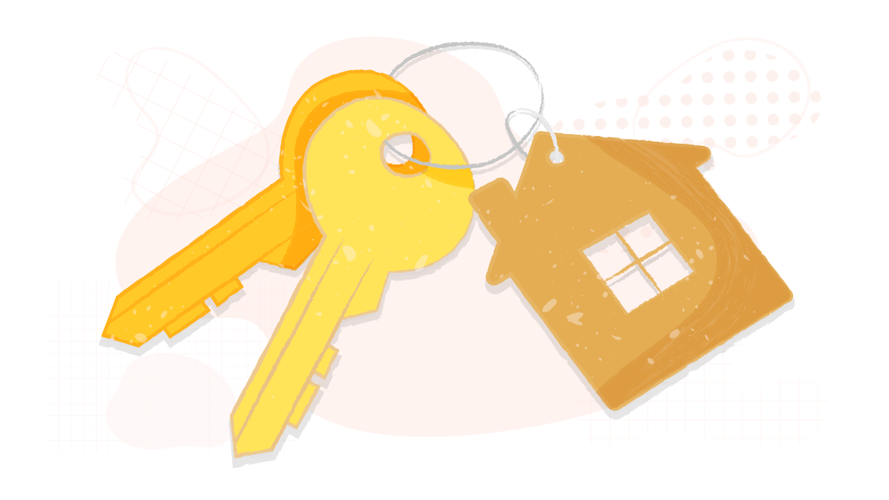 Two keys attached to a key ring with a house